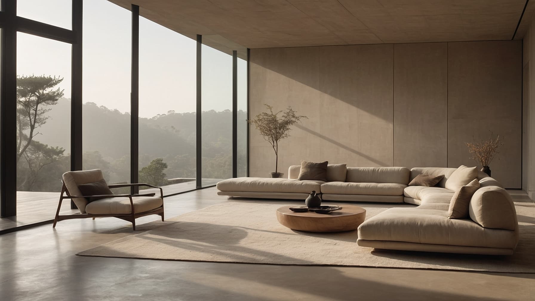 Nossa sala de estar relaxante com tons orgânicos