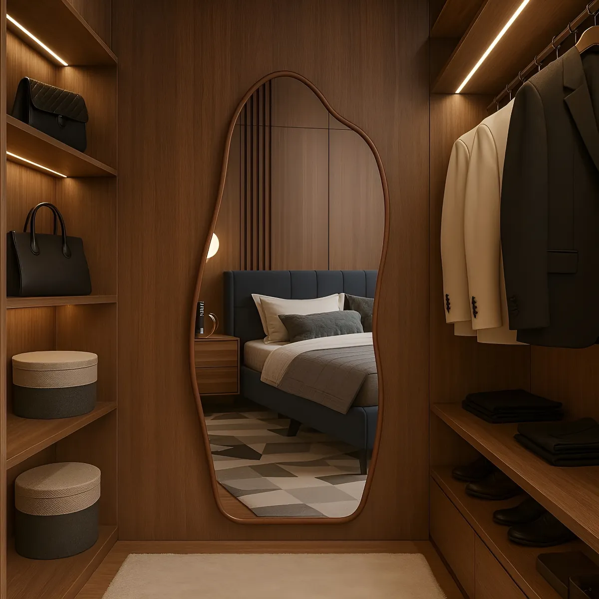 Espelho orgânico de corpo inteiro 100×50 cm com moldura de couro sintético preto, formato arredondado