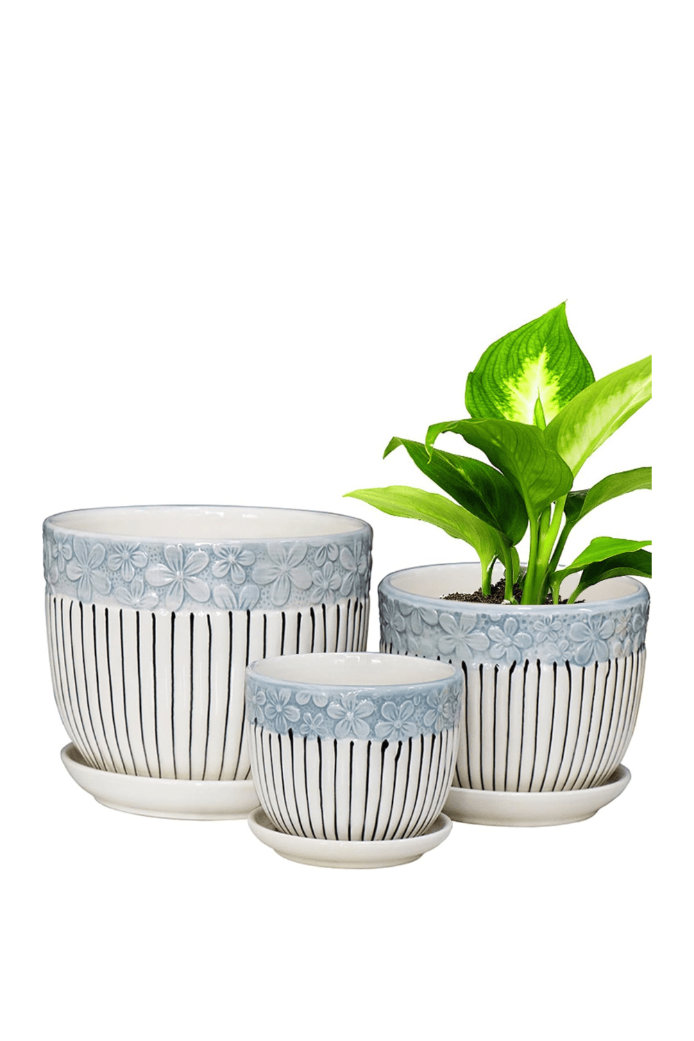 Conjunto de 3 vasos de cerâmica Hlukana na cor cinza, tamanhos grande, médio e pequeno, com bandejas