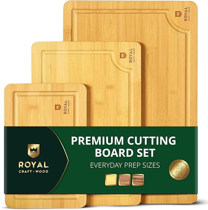 Bamboo Wood Serving Board Set with Deep Juice Groove Side Handles