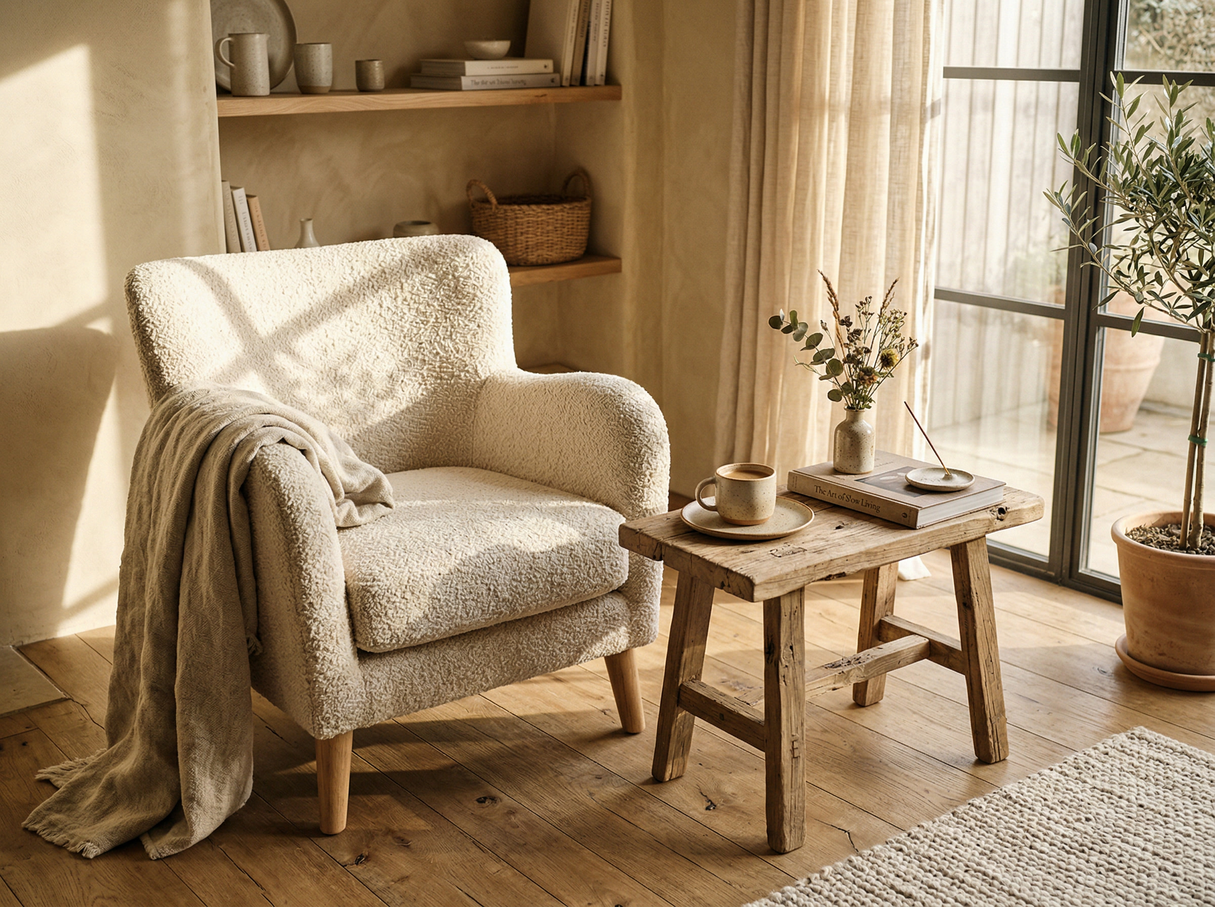 Illustration or photo representing calm, breathing, and comfort in a slow living environment
